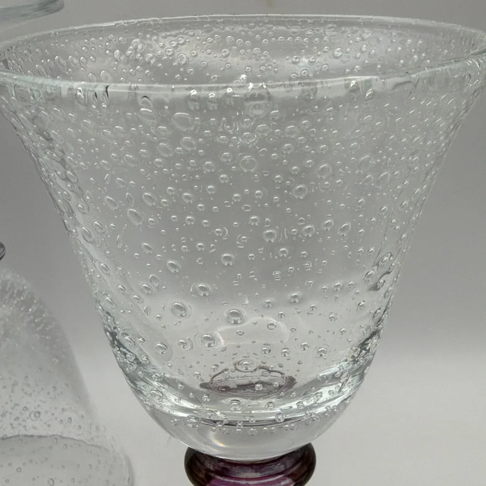 2 Wine Goblets Pottery Barn Hand Blown Bubble Glass Pink Iridescent 7.25